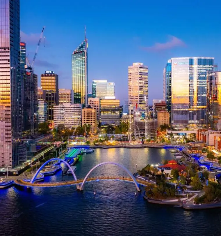 Perth city skyline and Elizabeth Quay at dusk — Microsys computer repair service area
